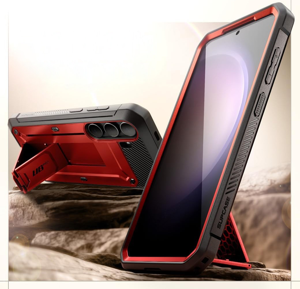 Etui pancerne z osłoną na ekran, z wbudowaną podstawką i kaburą z klipsem obrotowym Supcase Unicorn Beetle Pro do Galaxy S24, czerwone
